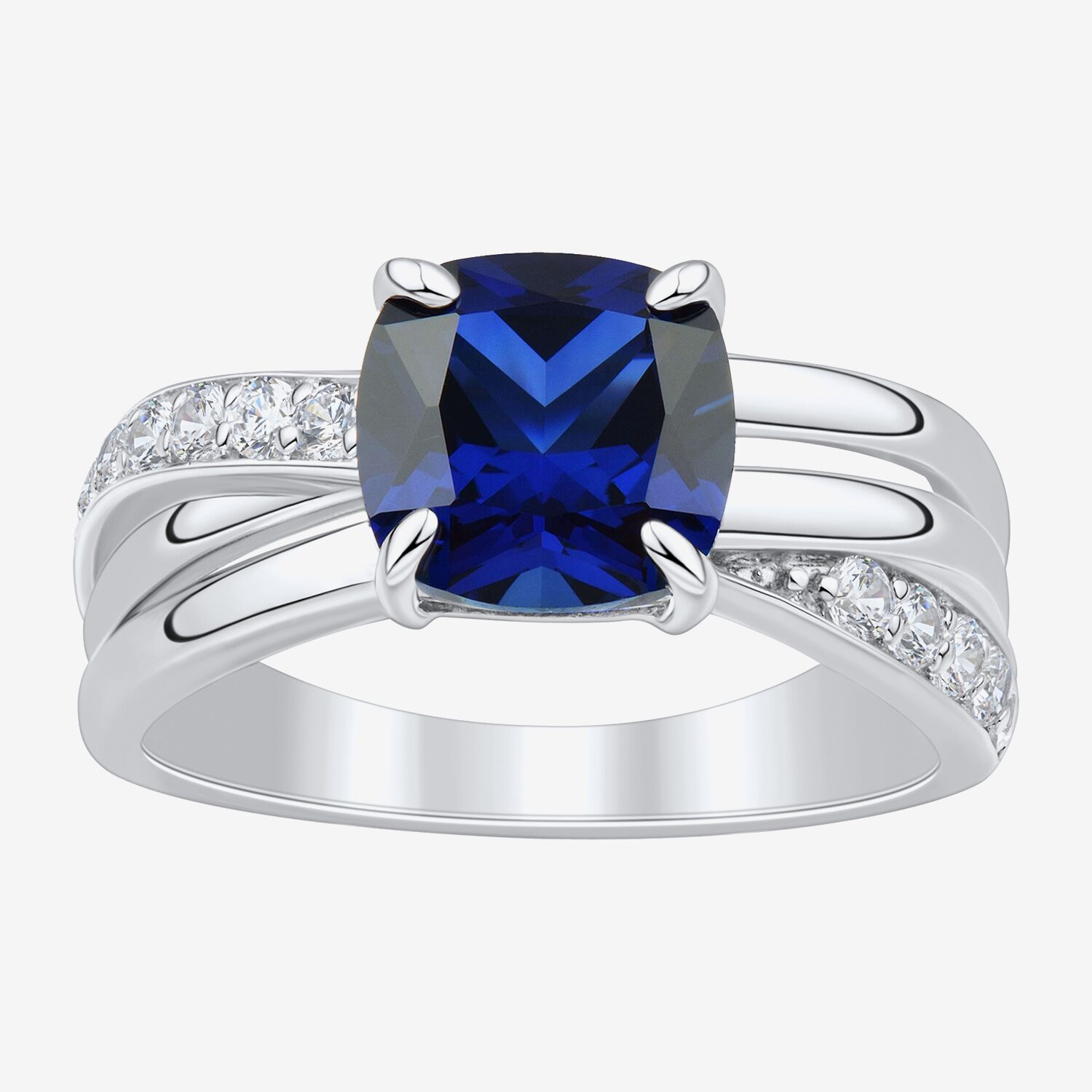 Womens Lab Created Blue Sapphire Sterling Silver Cushion Crossover Side Stone Cocktail Ring