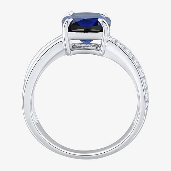 Womens Lab Created Blue Sapphire Sterling Silver Cushion Crossover Side Stone Cocktail Ring