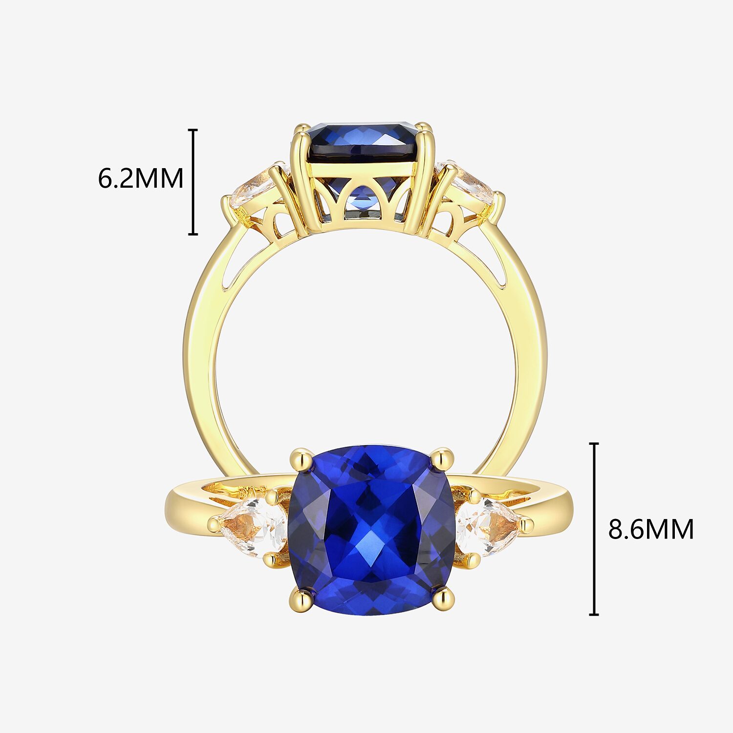 Womens Lab Created Blue Sapphire 18K Gold Over Silver Cushion 3-Stone Cocktail Ring