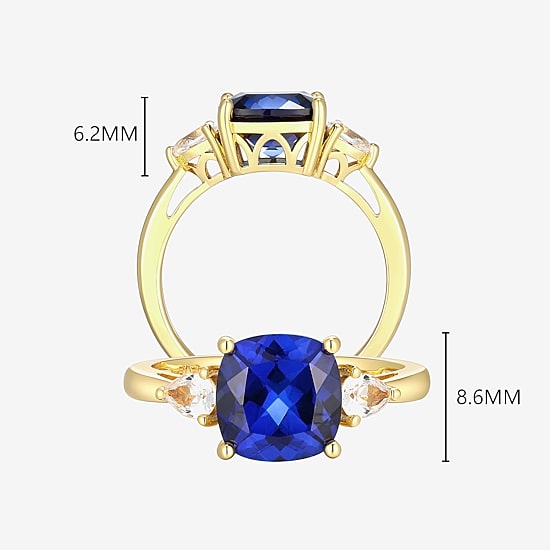 Womens Lab Created Blue Sapphire 18K Gold Over Silver Cushion 3-Stone Cocktail Ring