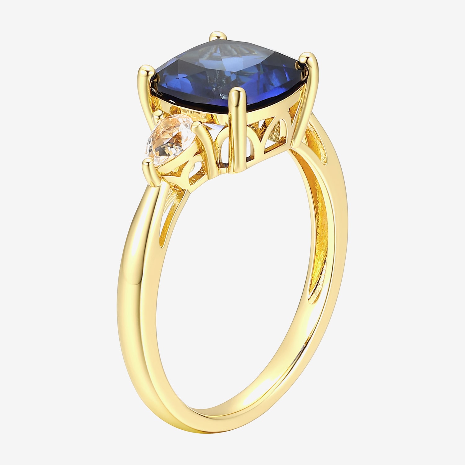 Womens Lab Created Blue Sapphire 18K Gold Over Silver Cushion 3-Stone Cocktail Ring