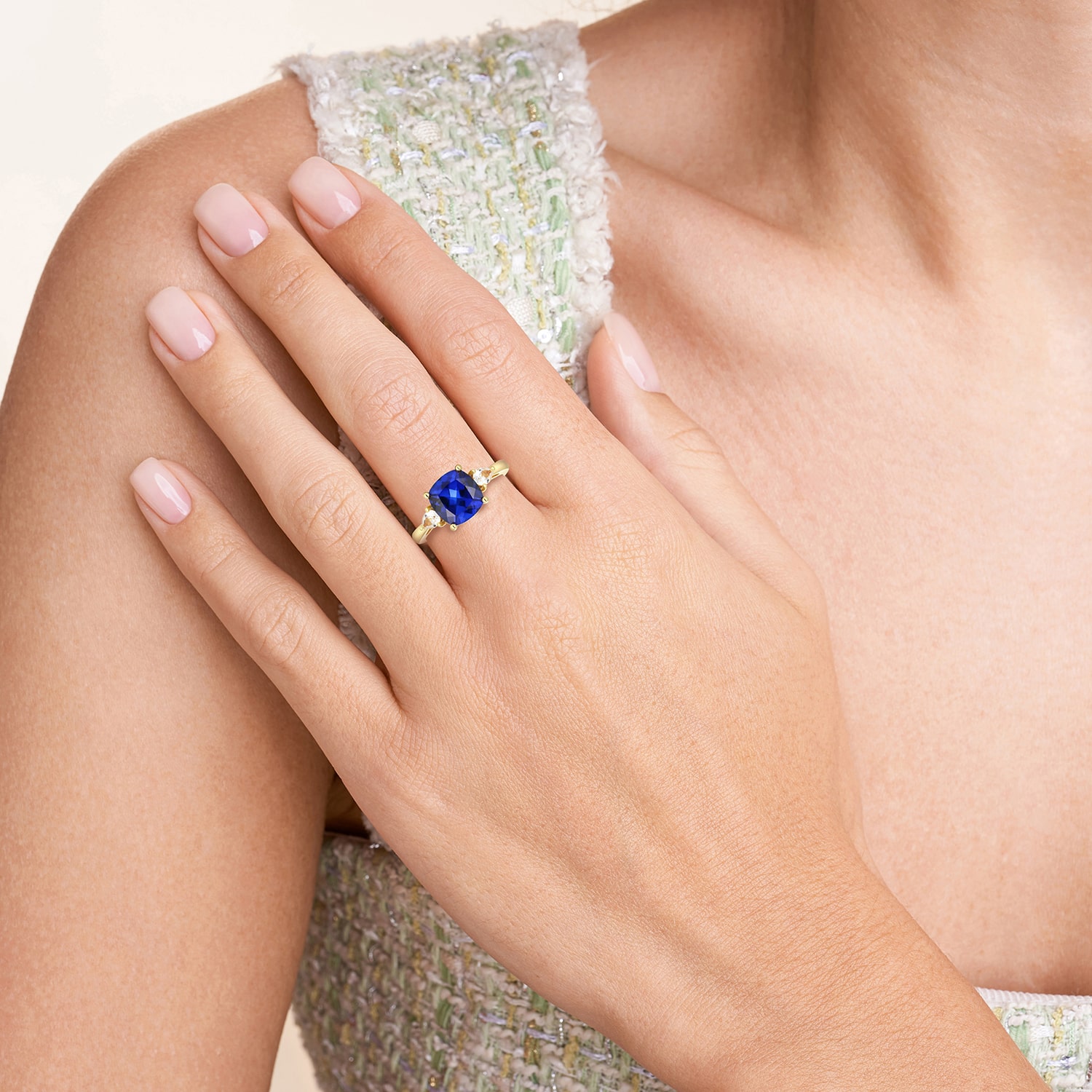 Womens Lab Created Blue Sapphire 18K Gold Over Silver Cushion 3-Stone Cocktail Ring