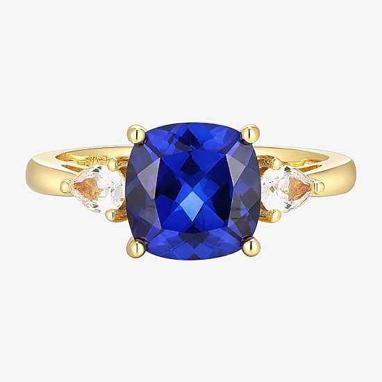 Womens Lab Created Blue Sapphire 18K Gold Over Silver Cushion 3-Stone Cocktail Ring