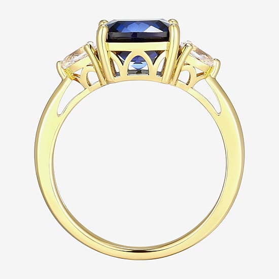 Womens Lab Created Blue Sapphire 18K Gold Over Silver Cushion 3-Stone Cocktail Ring