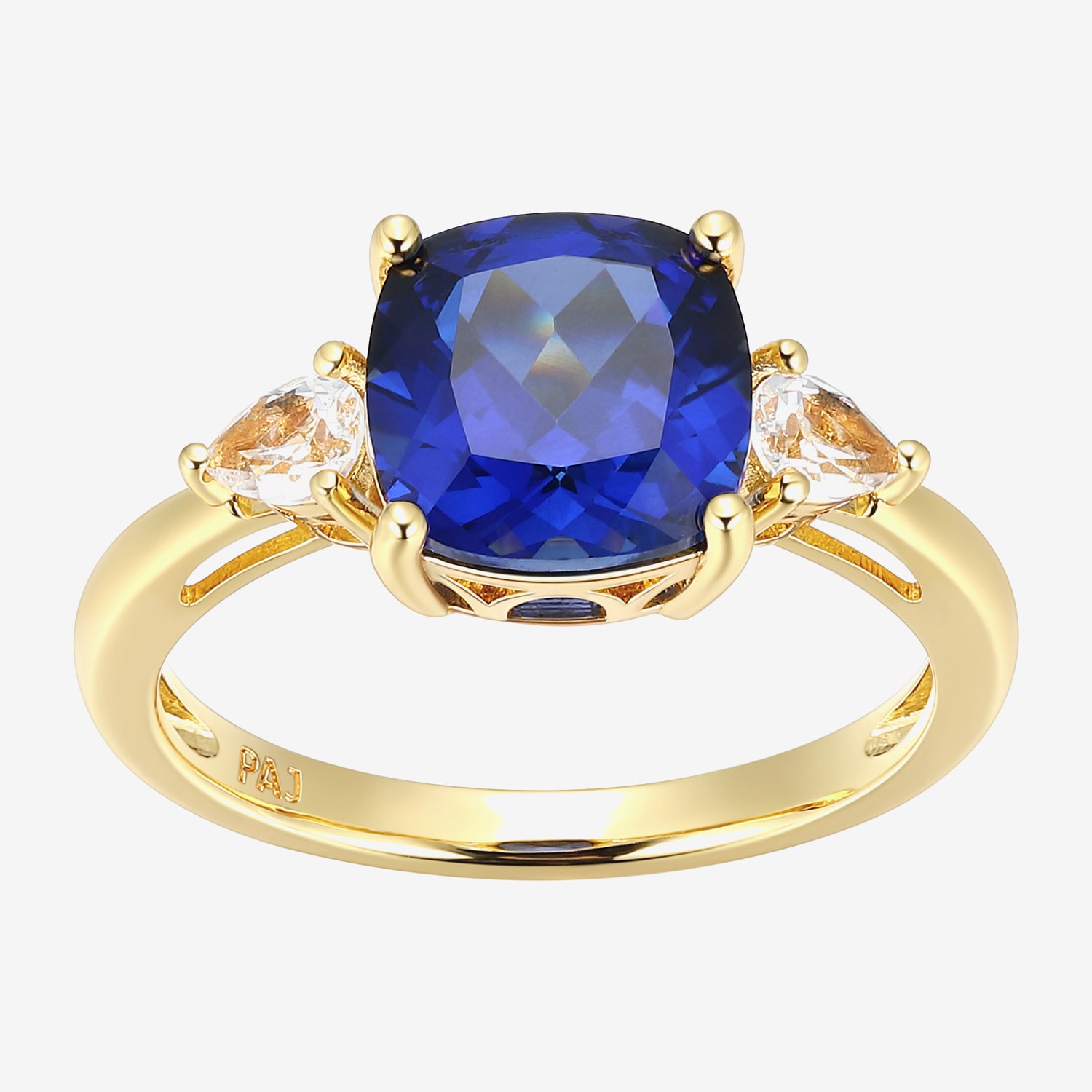 Womens Lab Created Blue Sapphire 18K Gold Over Silver Cushion 3-Stone Cocktail Ring