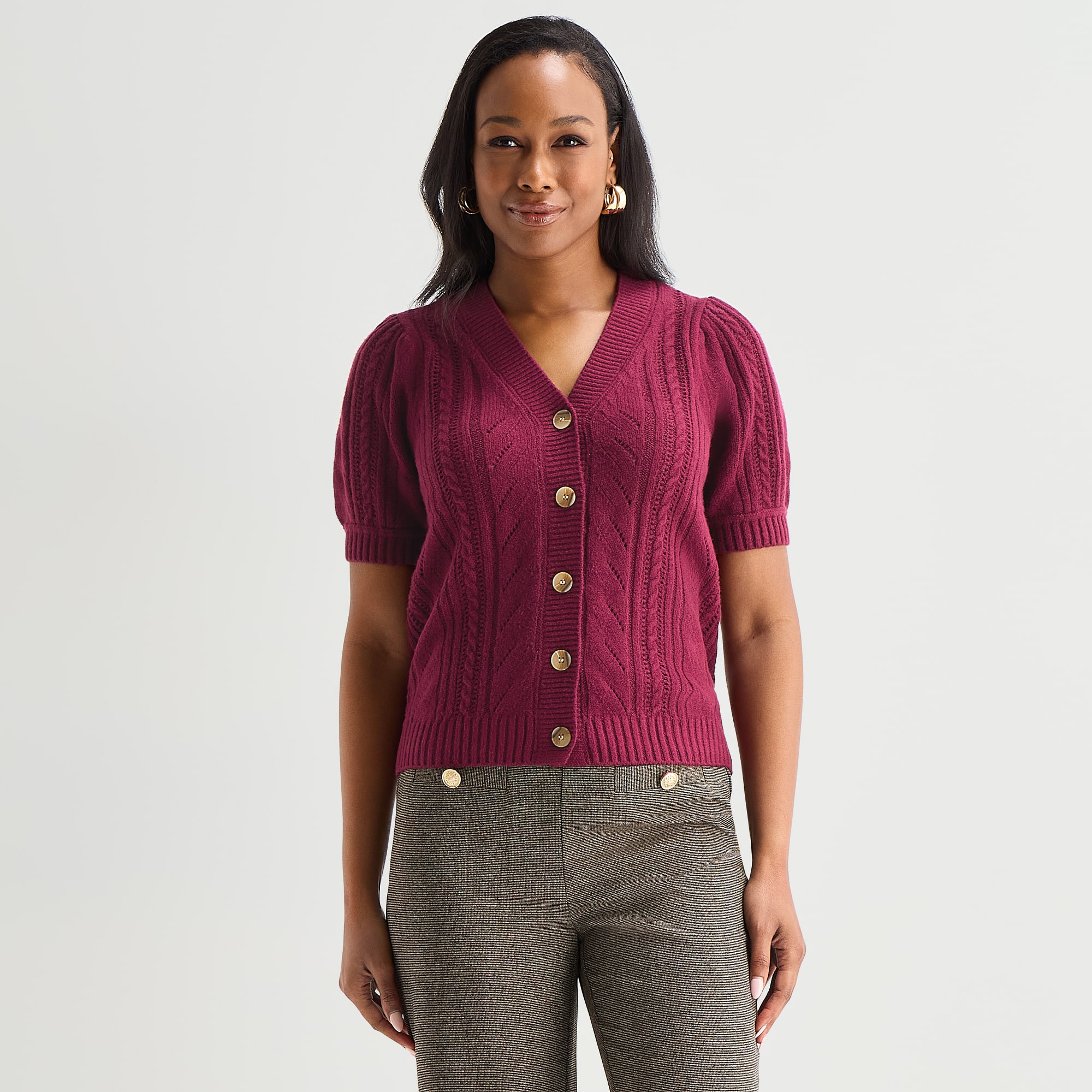 Liz Claiborne Womens V Neck Short Sleeve Button Petite Cardigan