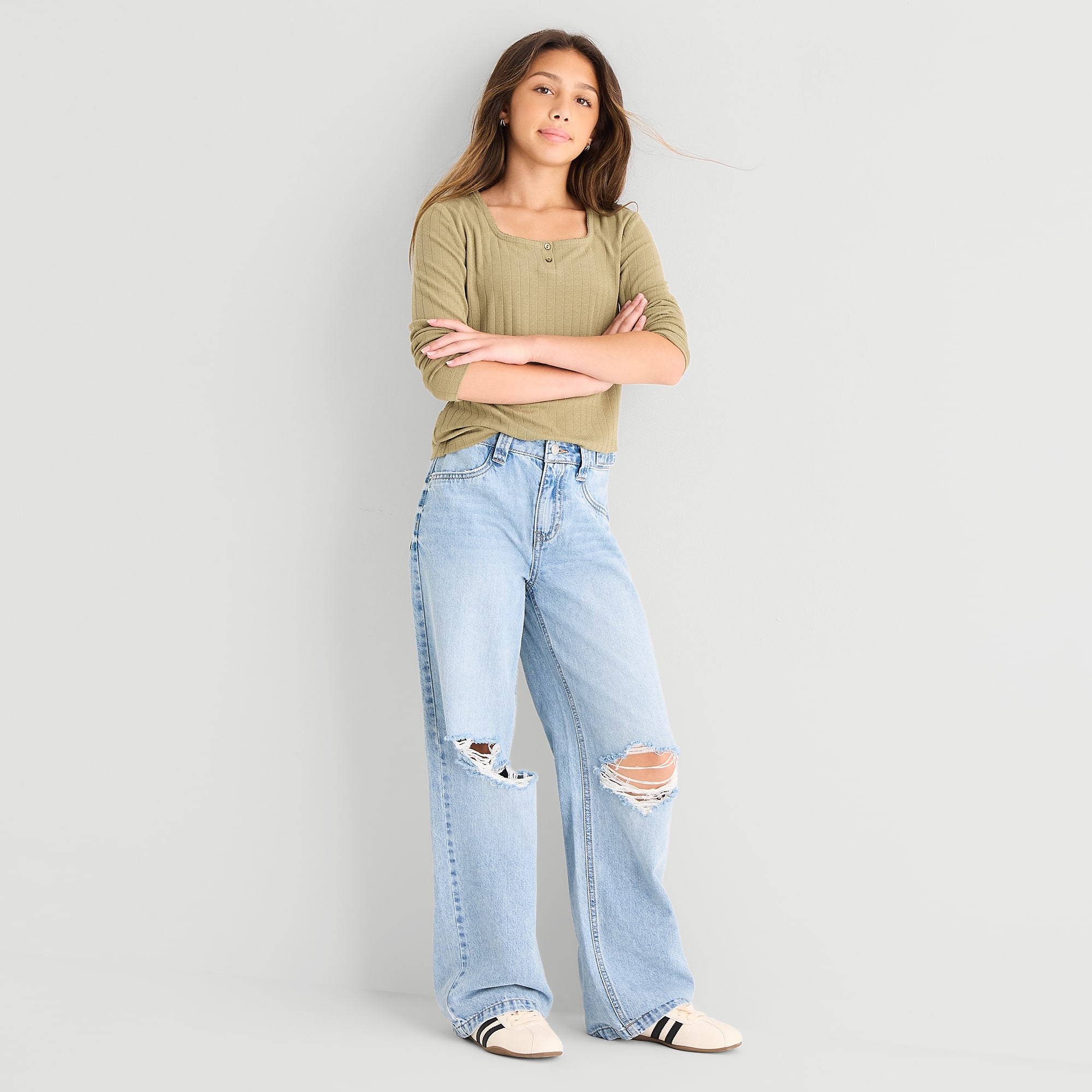 Vanilla Star Big Kid Girls Distressed Wide Leg Jean
