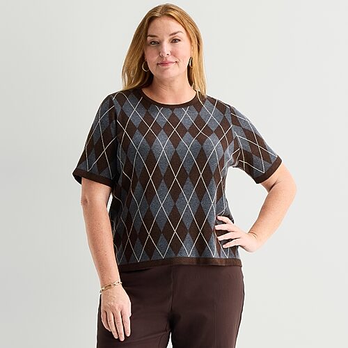 Liz Claiborne Plus Womens Crew Neck Short Sleeve Animal Pullover Sweater In Brown