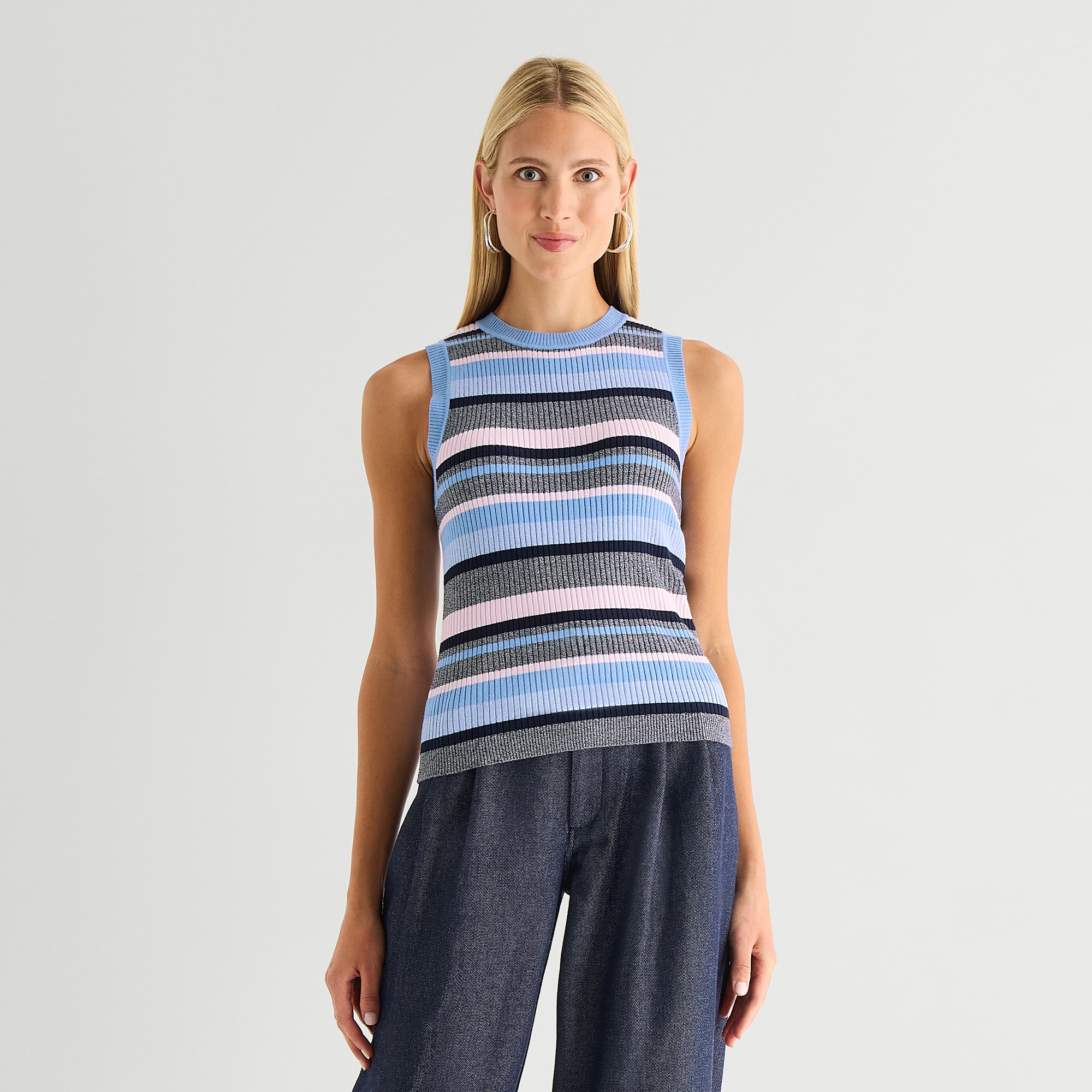 Worthington Womens Crew Neck Sleeveless Striped Pullover Sweater