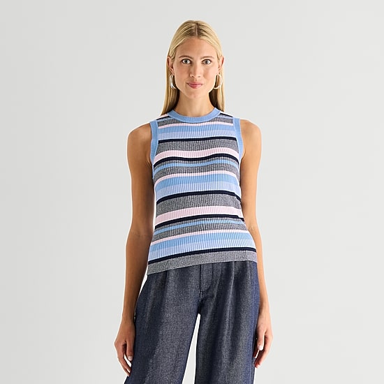 Worthington Womens Crew Neck Sleeveless Striped Pullover Sweater