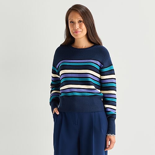 Liz Claiborne Womens Crew Neck Long Sleeve Striped Pullover Sweater In Blue
