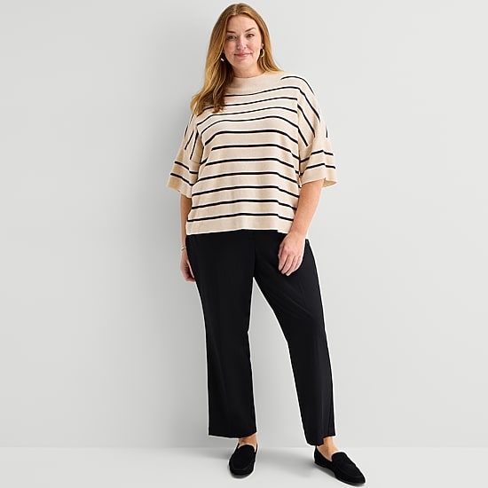 Liz Claiborne Plus Womens Mock Neck Short Sleeve Striped Pullover Sweater