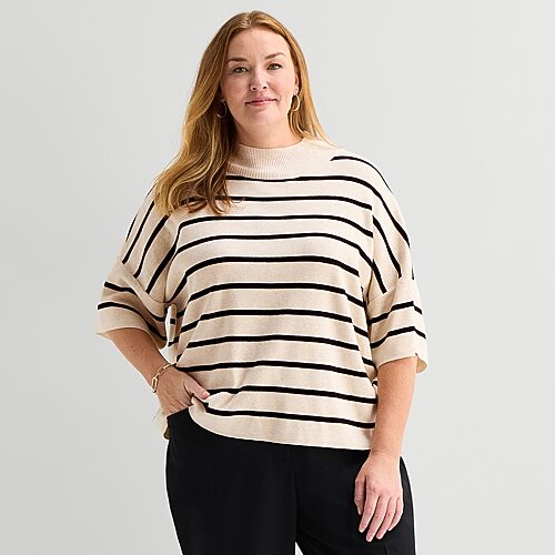 Liz Claiborne Plus Womens Mock Neck Short Sleeve Pullover Sweater In Beige
