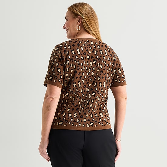Liz Claiborne Plus Womens Crew Neck Short Sleeve Animal Pullover Sweater