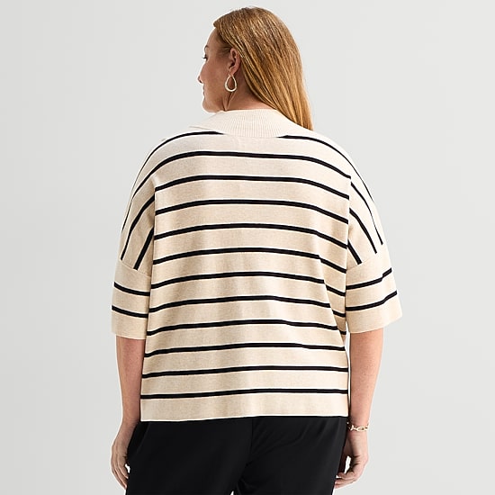 Liz Claiborne Plus Womens Mock Neck Short Sleeve Striped Pullover Sweater