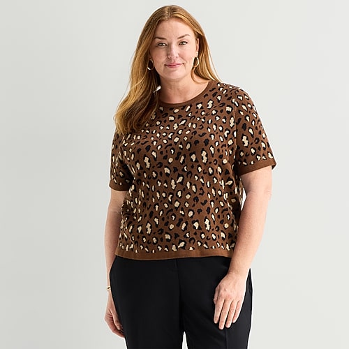 Liz Claiborne Plus Womens Crew Neck Short Sleeve Animal Pullover Sweater, 3x, Brown