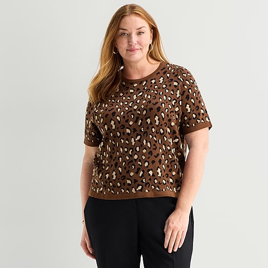 Liz Claiborne Plus Womens Crew Neck Short Sleeve Animal Pullover Sweater