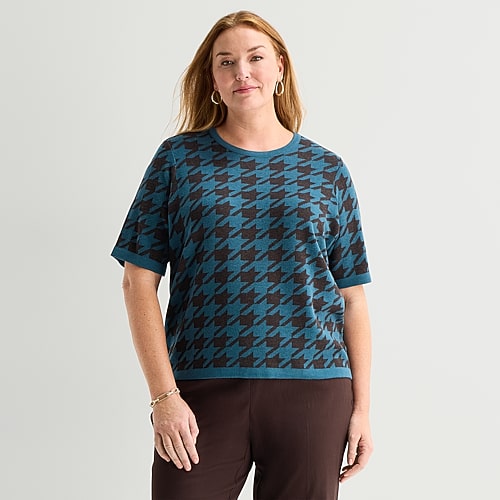 Liz Claiborne Plus Womens Crew Neck Short Sleeve Animal Pullover Sweater In Black