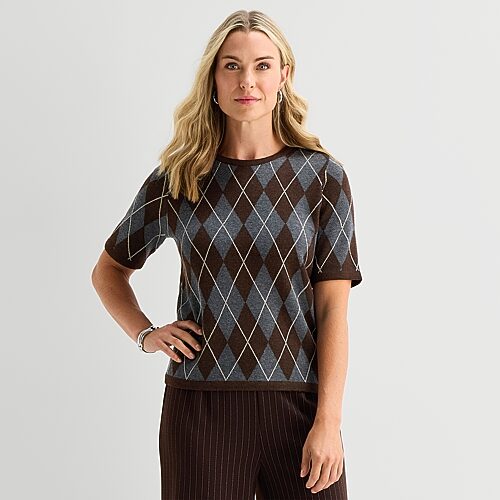 Liz Claiborne Womens Crew Neck Short Sleeve Argyle Pullover Sweater, Petite X-large, Brown