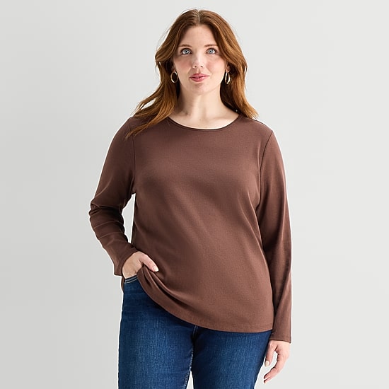 Liz Claiborne Womens Plus Crew Neck Long Sleeve T-Shirt