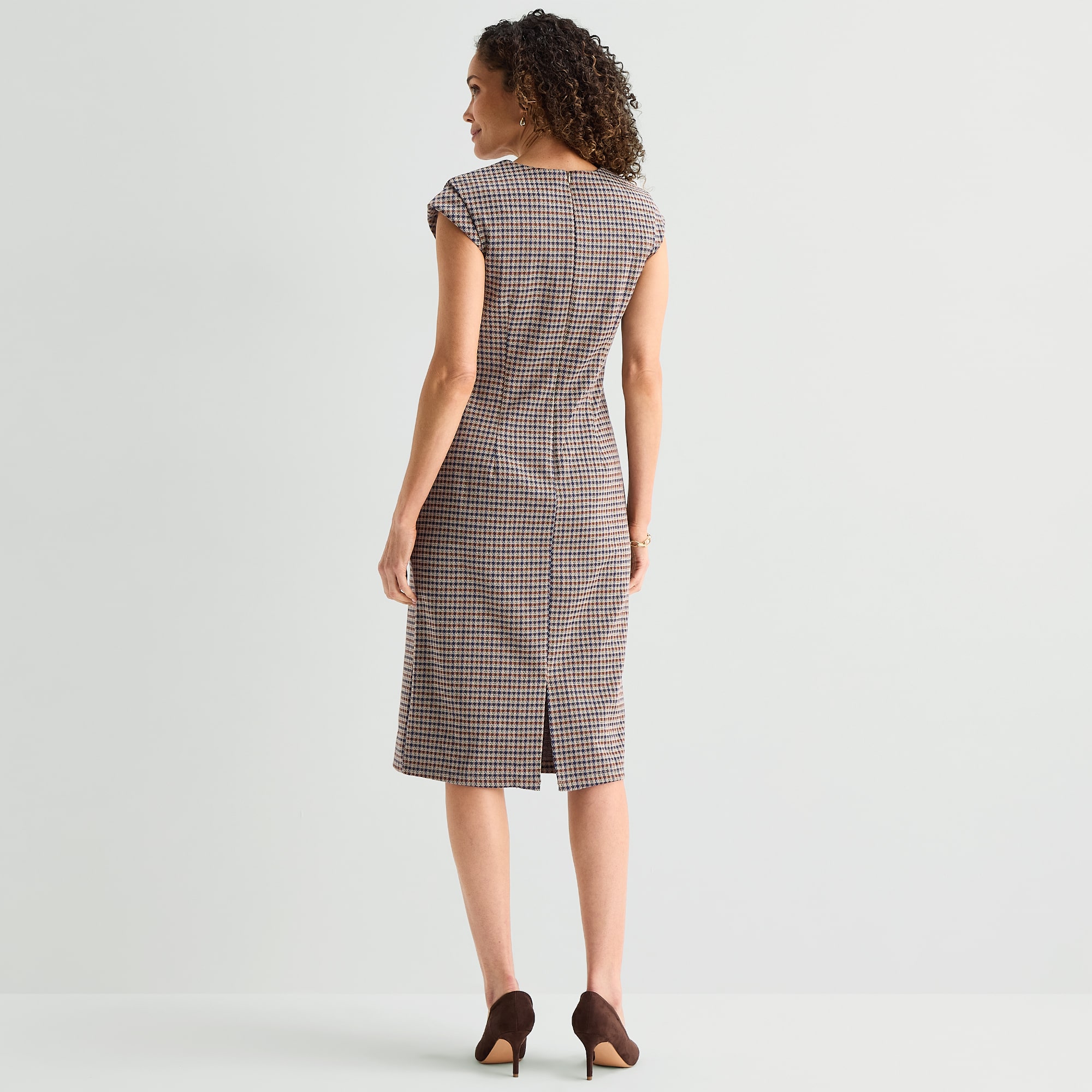 Liz Claiborne Plaid Womens Midi V Neck Short Sleeve Sheath Dress