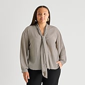 Worthington Womens Plus Split Tie Neck Long Sleeve Blouse