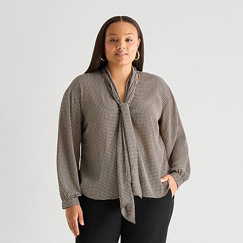 Worthington Womens Plus Split Tie Neck Long Sleeve Blouse In Brown