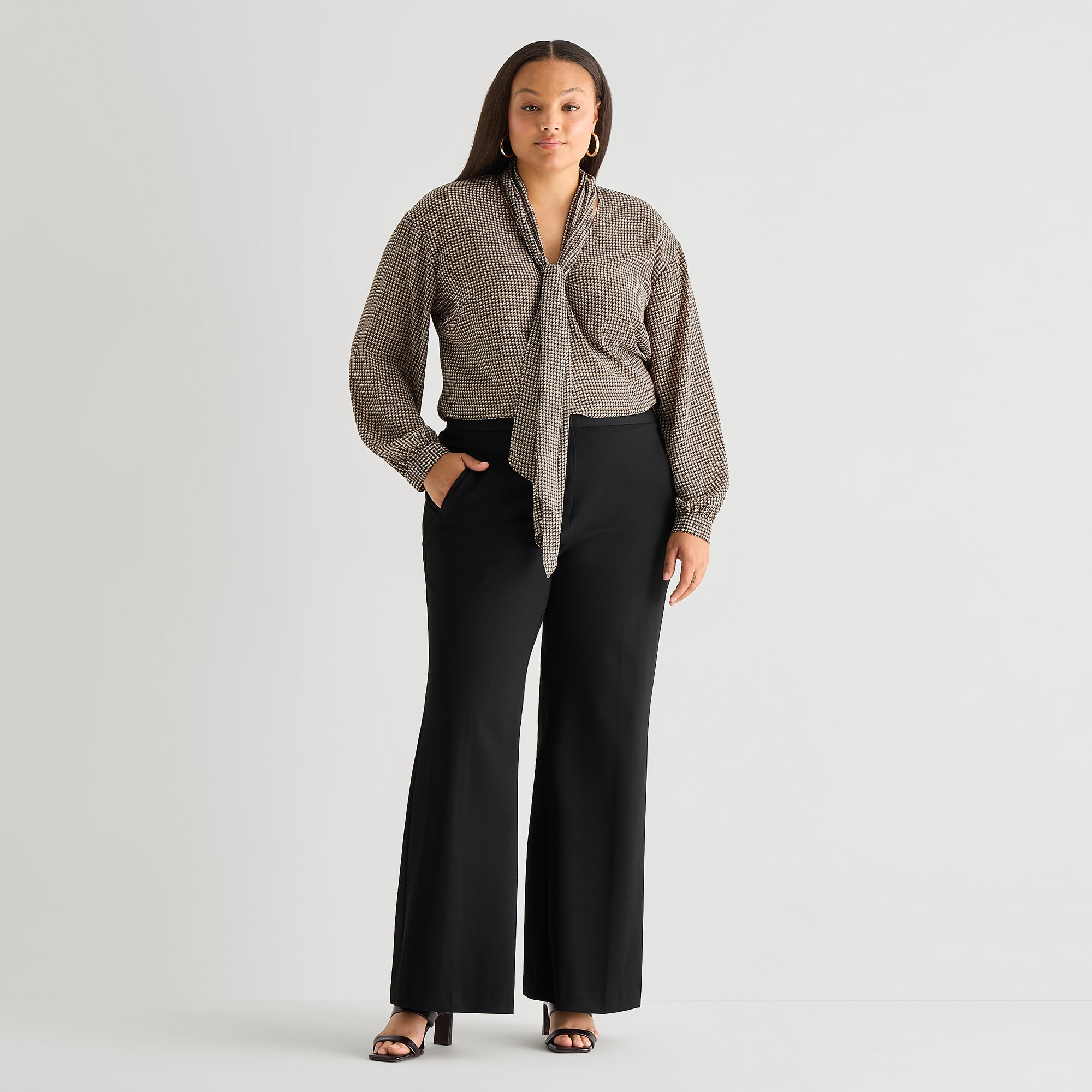 Worthington Womens Plus Split Tie Neck Long Sleeve Blouse