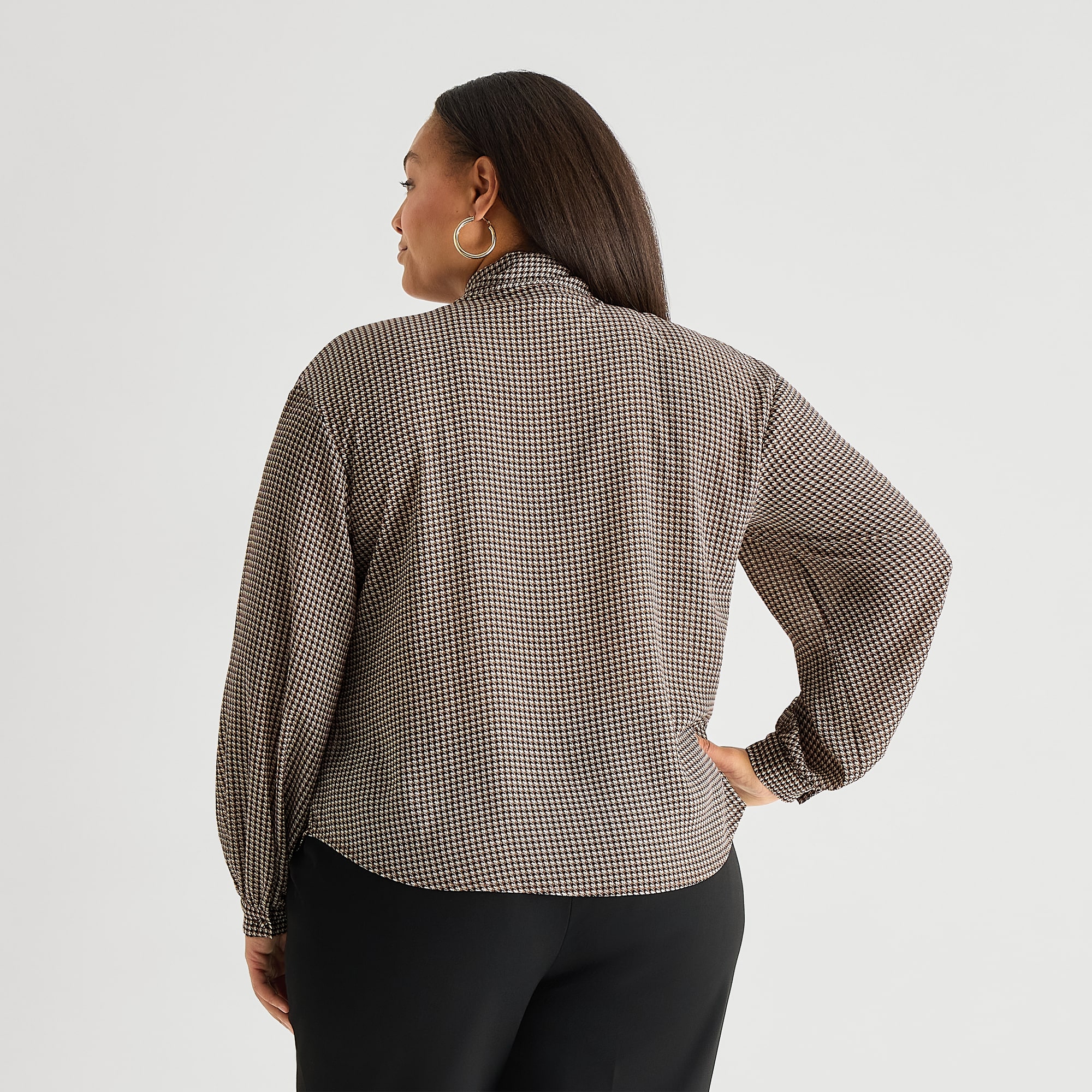 Worthington Womens Plus Split Tie Neck Long Sleeve Blouse