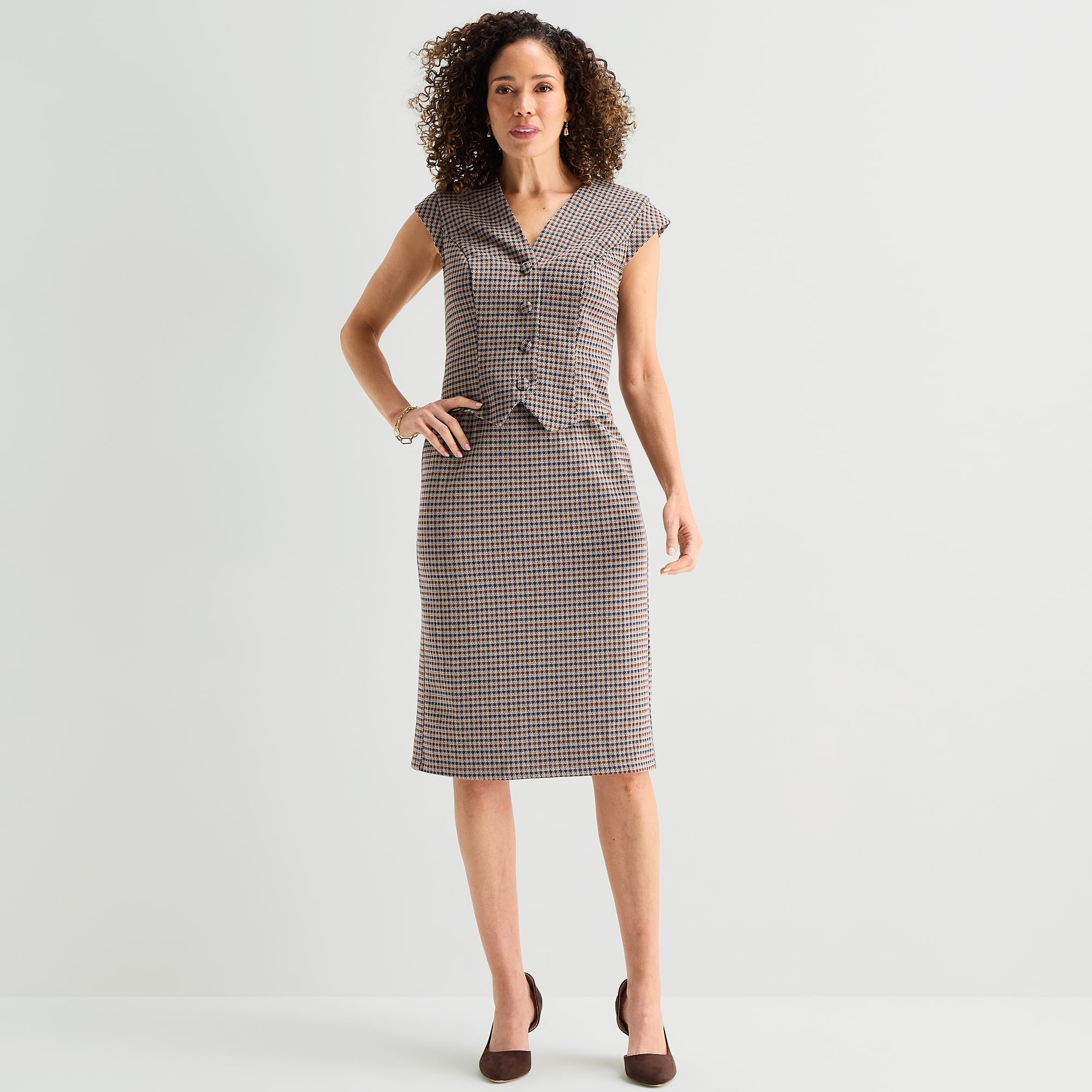Liz Claiborne Plaid Womens Midi V Neck Short Sleeve Sheath Dress