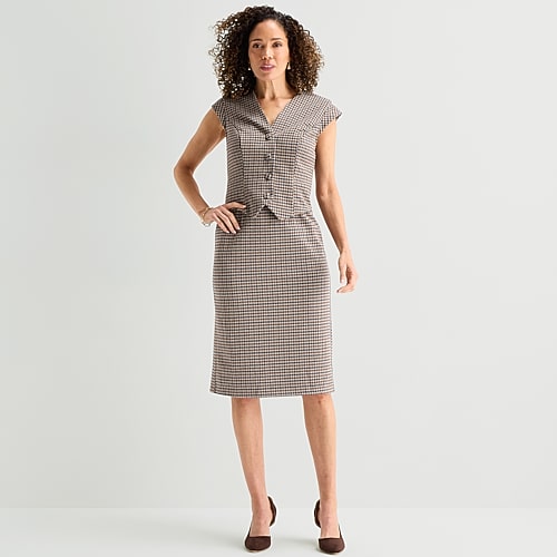 Liz Claiborne Womens Midi V Neck Sleeveless Plaid Sheath Dress In Brown