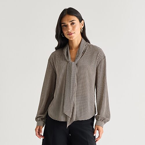Worthington Womens Split Tie Neck Long Sleeve Blouse In Brown