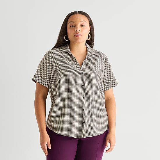 Worthington Womens Plus Cuffed Short Sleeve Slim Fit Button-Down Shirt