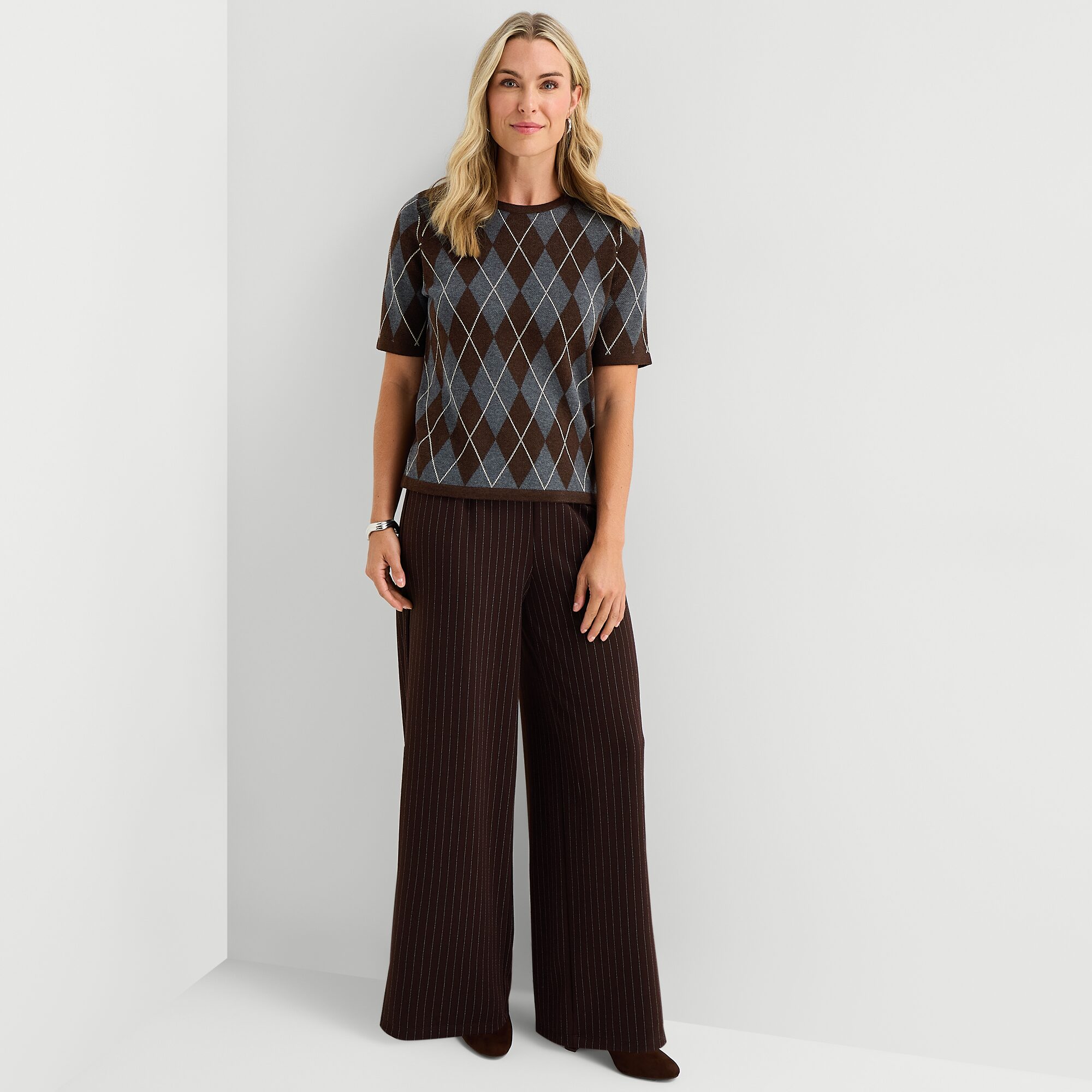 Liz Claiborne Petite Womens Crew Neck Short Sleeve Argyle Pullover Sweater