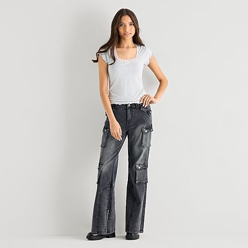 Forever 21 Womens Juniors Straight Mid Rise Cargo Pant In Black