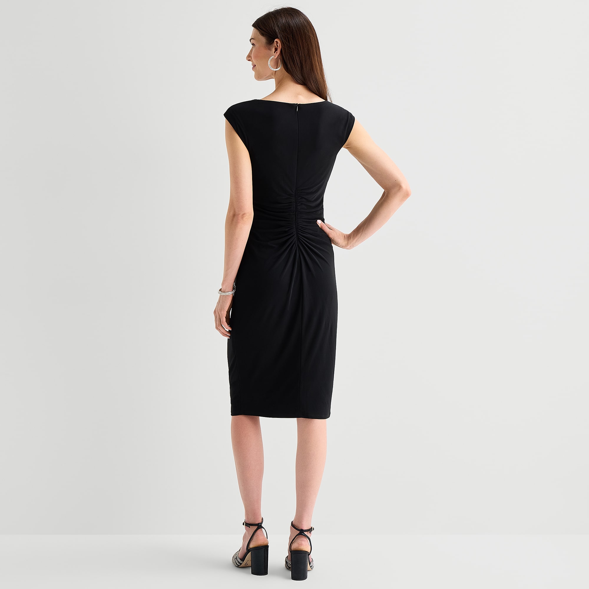 Jessica Howard Womens Midi Asymmetrical Neck Short Sleeve Sheath Dress