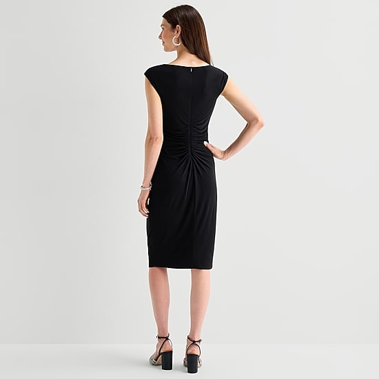 Jessica Howard Womens Midi Asymmetrical Neck Sleeveless Sheath Dress