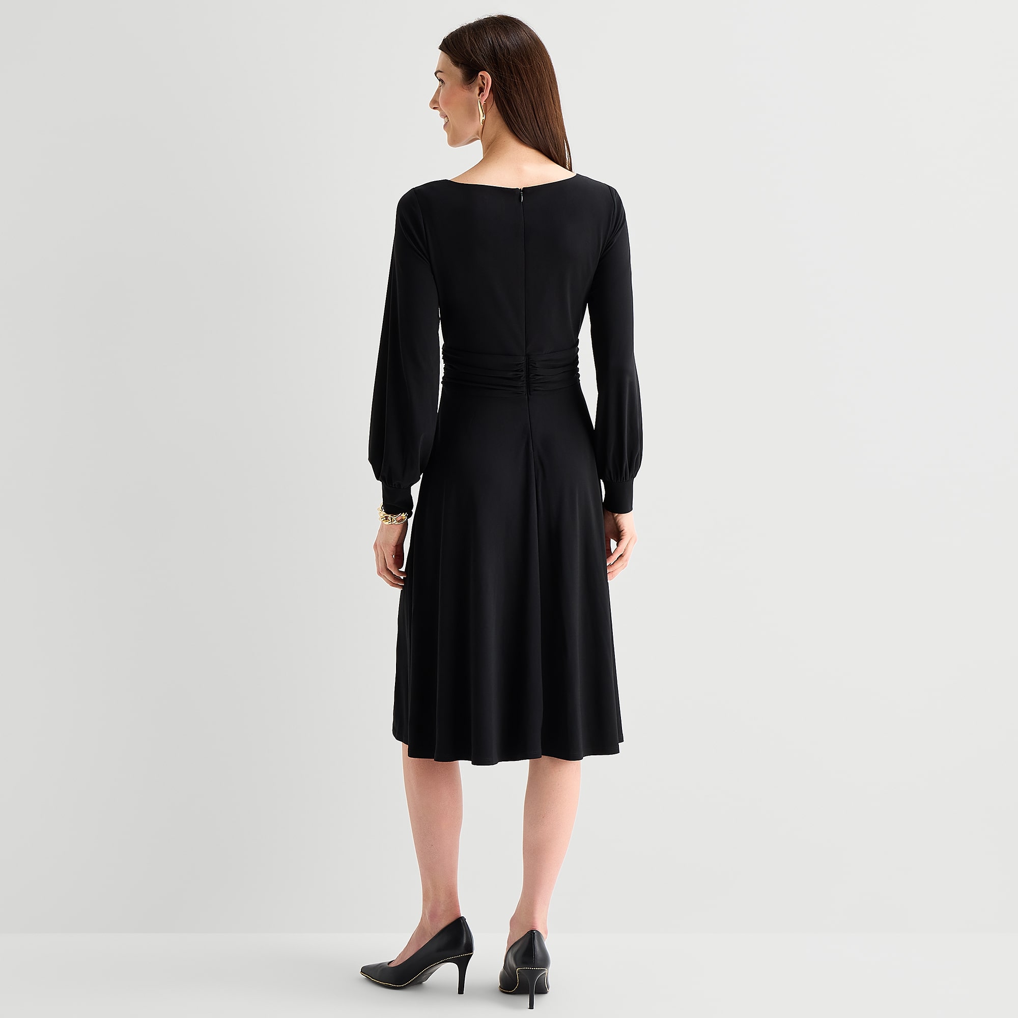 Jessica Howard Womens Midi Boat Neck Long Sleeve Cuffed Fit + Flare Dress