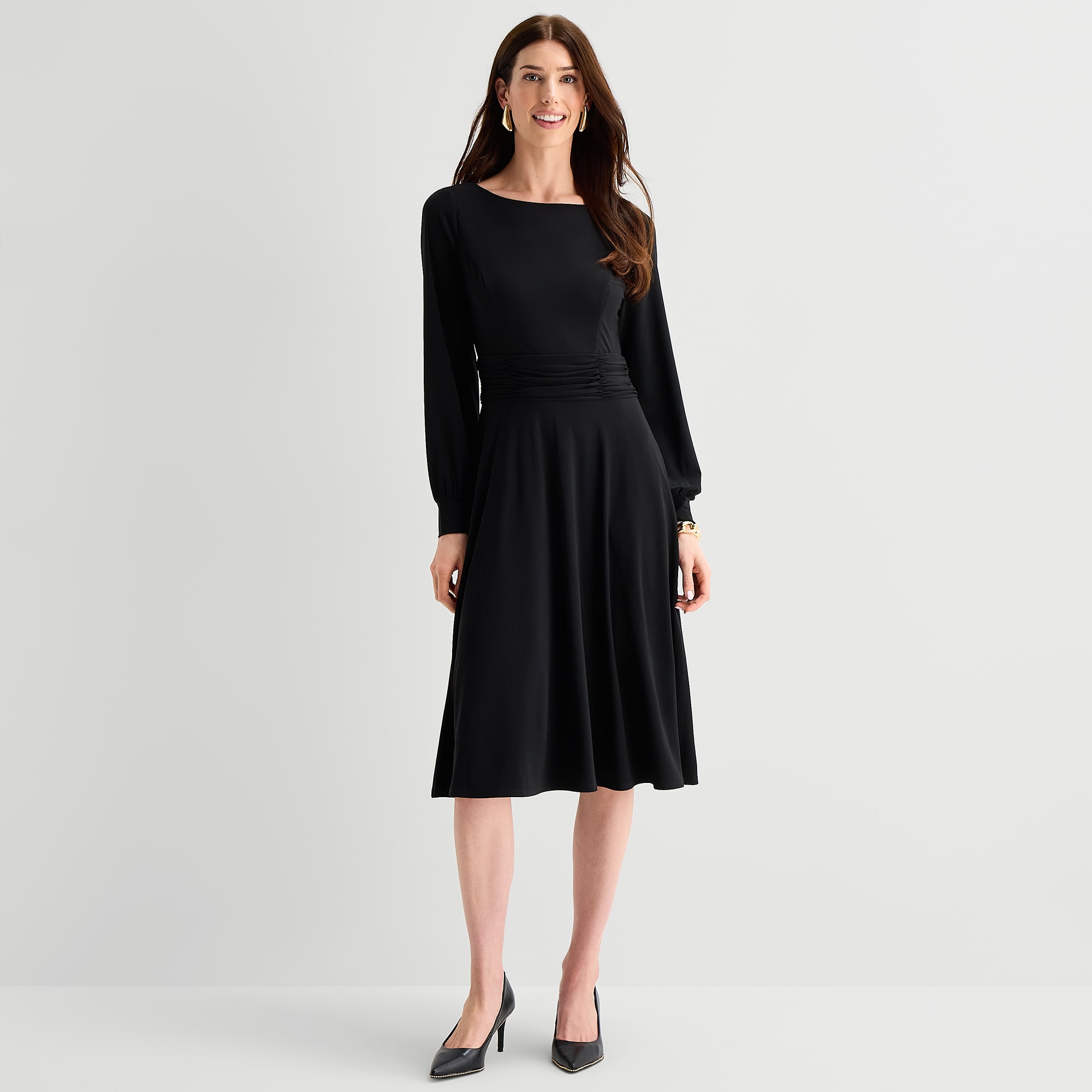Jessica Howard Womens Midi Boat Neck Long Sleeve Cuffed Fit + Flare Dress