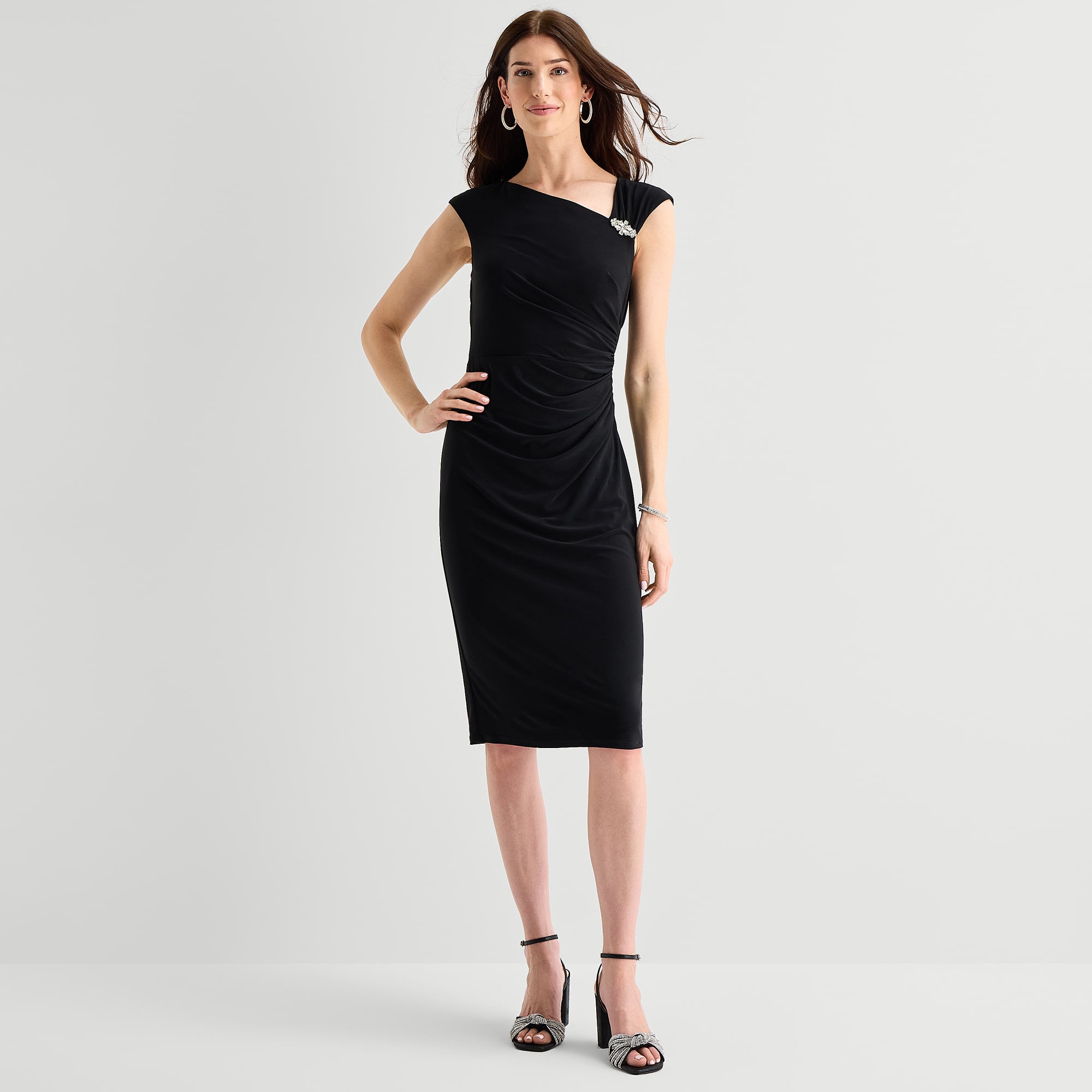 Jessica Howard Womens Midi Asymmetrical Neck Short Sleeve Sheath Dress
