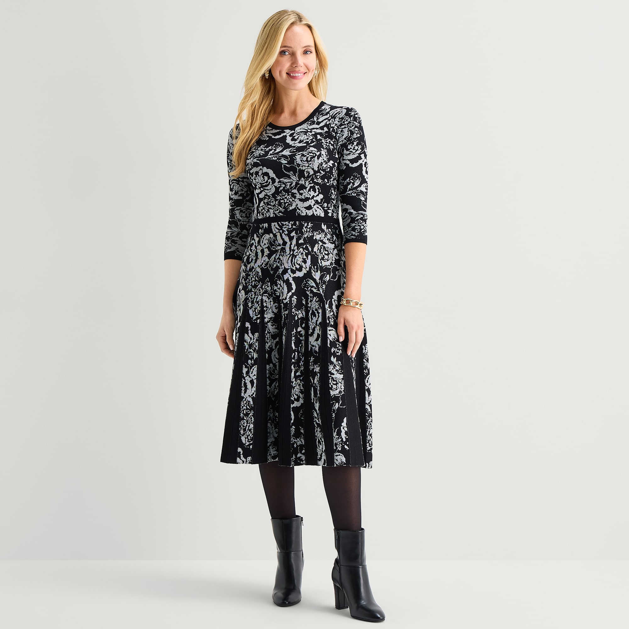 Danny & Nicole Womens Long Sleeve Floral Sweater Dress