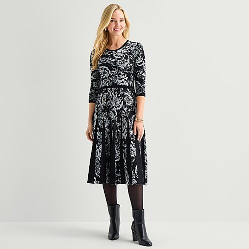 Danny & Nicole Womens Long Sleeve Floral Sweater Dress In Black