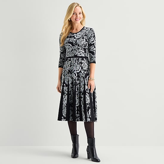 Danny & Nicole Womens 3/4 Sleeve Floral Sweater Dress