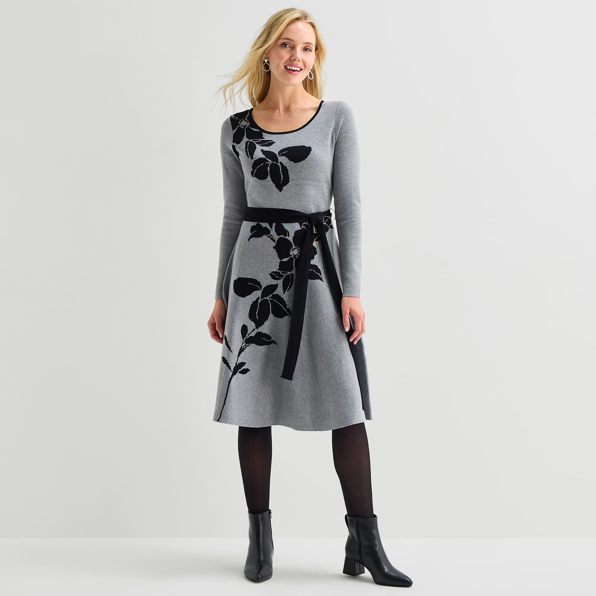 Danny & Nicole Womens Long Sleeve Floral Sweater Dress