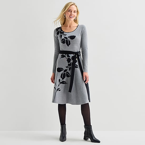 Danny & Nicole Womens Long Sleeve Floral Sweater Dress