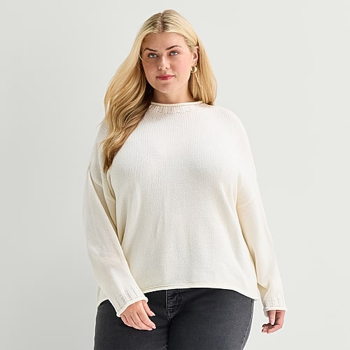 St. John's Bay Plus Womens Crew Neck Long Sleeve Striped Pullover Sweater In White