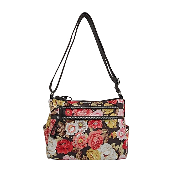 Bueno of California Rose Print Washed Double Medium  Zip Crossbody Bag