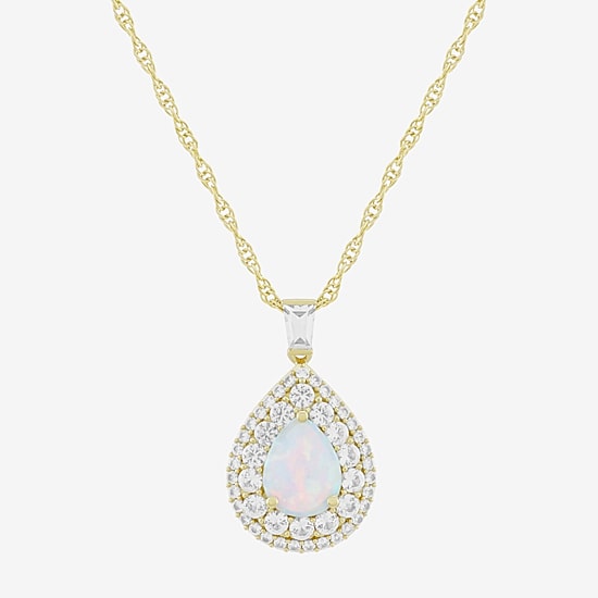 Womens Lab Created White Opal 14K Gold Over Silver Pear 18 Inch Pendant Necklace