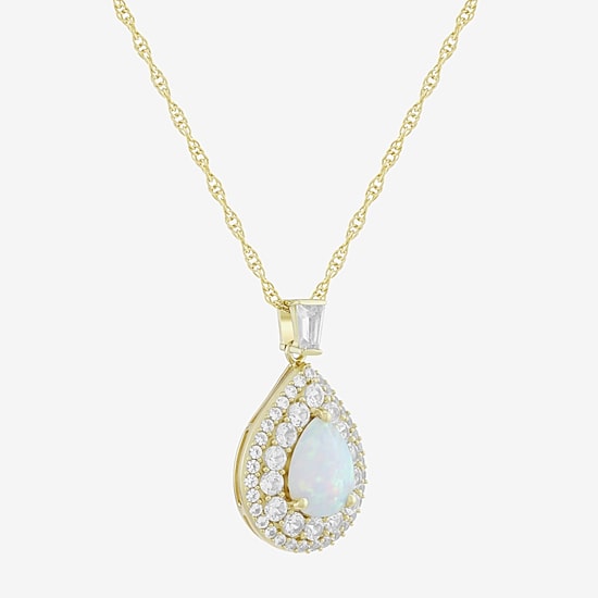 Womens Lab Created White Opal 14K Gold Over Silver Pear 18 Inch Pendant Necklace