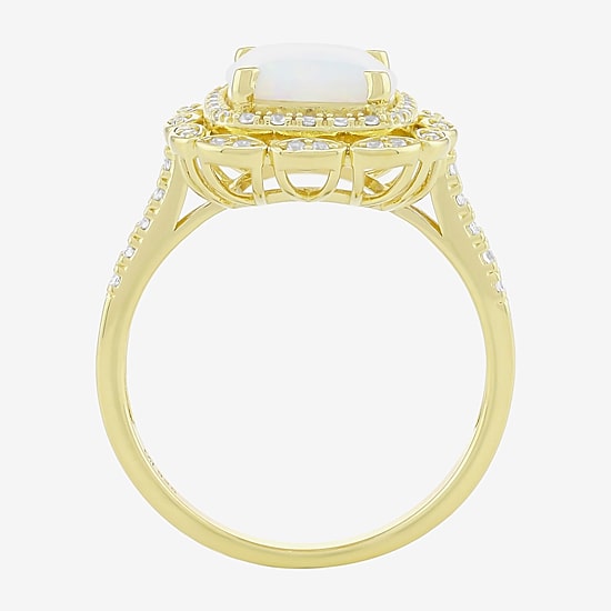Womens Lab Created White Opal 14K Gold Over Silver Cushion Halo Cocktail Ring